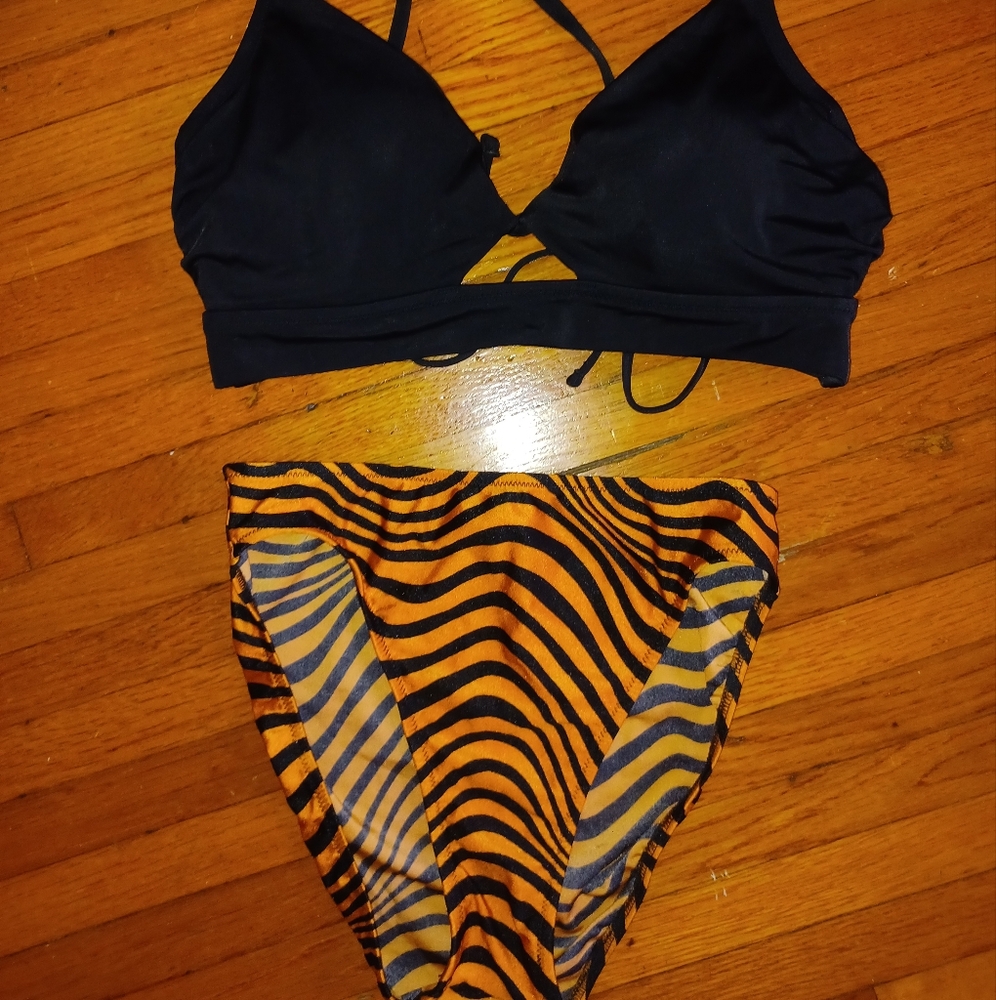 Black Bikini Top and Striped Bottoms